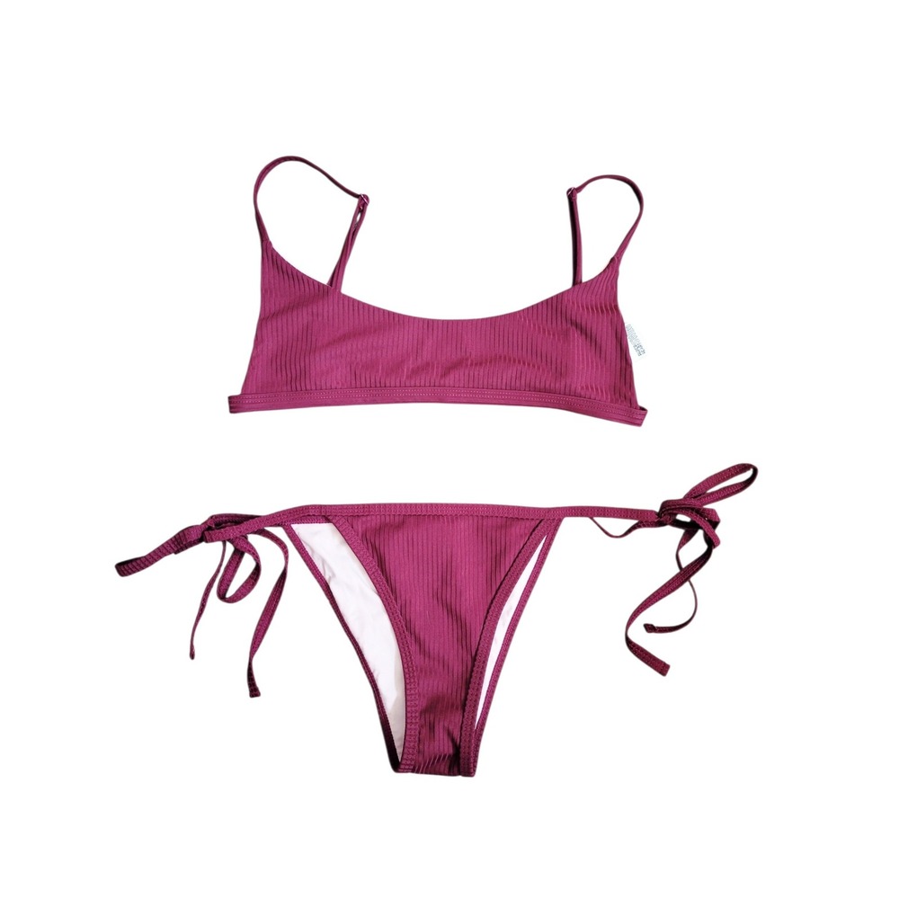 Paper Heart Swim Burgundy Ribbed Bikini Set Two Piece Bralette Side Tie US 4
